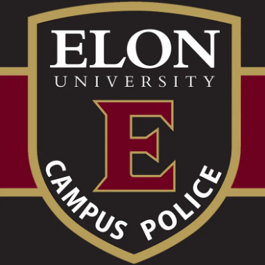 Elon University Campus Police badge logo with black background, gold border, and white and red text.