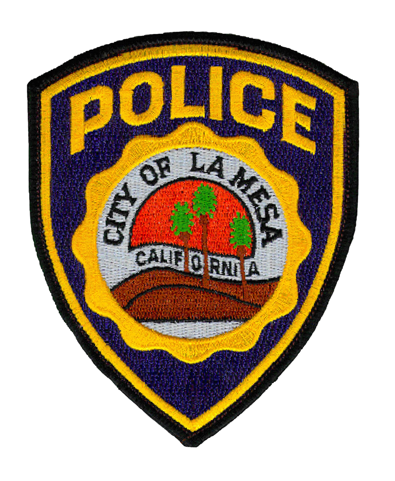 Patch of the Los Angeles Police Department with city seal featuring palm trees and horizon, and words 'POLICE' at the top.